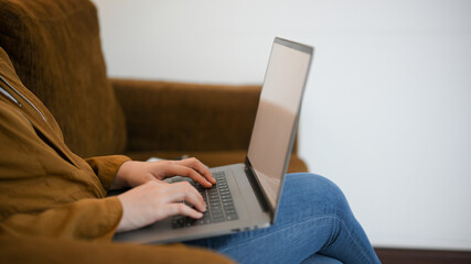 Fototapeta premium Side view, Female sits in comfortable sofa and working on laptop