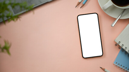 A pastel pink workspace background with smartphone mockup