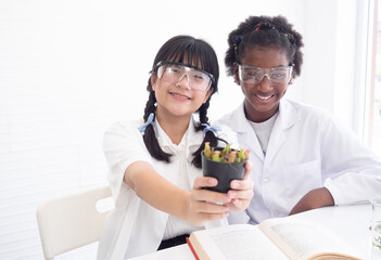 Two of diversity children scientists showing plant, learning science, doing analysis for germs with glassware laboratory. Scientific experiment concept.