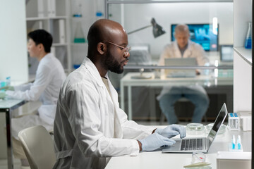 Side view of young African American researcher in lab coat and surgical gloves typing on laptop...