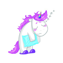 Cute childish cartoon illustration with a funny unicorn. Sleepy white unicorn with pink mane and rainbow horn with pillow, childish illustration. For girls 