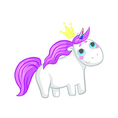 Fototapeta na wymiar Cute childish cartoon illustration with a funny unicorn. White unicorns with a pink mane and a rainbow horn with a crown, children's illustration. For girls 