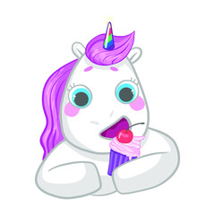 cute childish cartoon illustration with funny unicorn. White unicorns with a pink mane and a rainbow horn eat a cupcake, children's illustration. For girls 