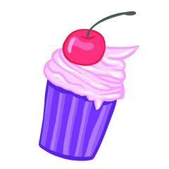vector illustration delicious fresh cupcake with pink cream and ripe red cherries 