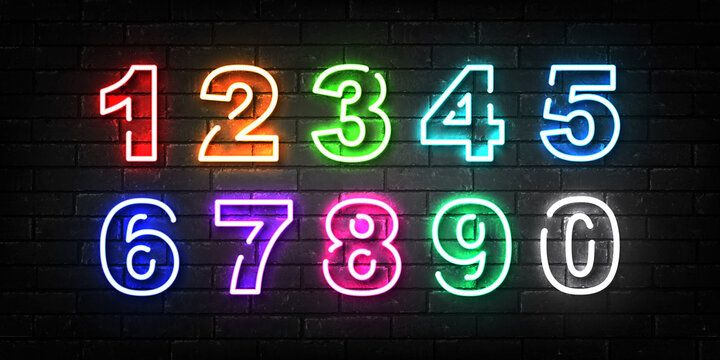 Vector set of realistic isolated neon sign of Numbers with different colors on the wall background.