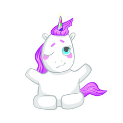 Cute childish cartoon illustration with a funny unicorn. Meditating white unicorn with pink mane and rainbow horn, children's illustration. For girls 