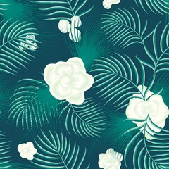 Bright summer tropical seamless pattern with abstract plant foliage and blue palm leaves on delicate background. Vector design. Jungle print. Floral background. nature wallpaper. Exotic Summer design