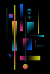 Here is a colorful 3-d illustration of abstract designs on a black background.