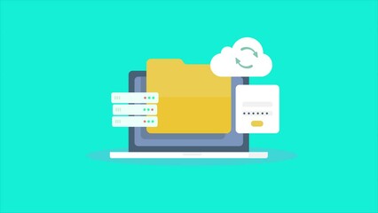 Cloud computing security, online data protection, secure server storage, encrypted login access concept. 2d animation 4k video clip background, internet technology.