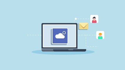 Cloud computing system, cloud document, sharing and management web technology concept. Data centre network connection and internet communication. 2d animation 4k video clip for presentation. 