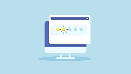 Online business survey, customer satisfaction, five star rating, internet review and user feedback concept, company reputation, product and service evaluation. 2d animation 4k video clip.