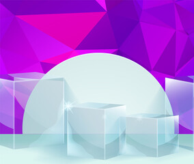 3D vector abstract podium, pedestal, plaque, cylinder steps of a round gold frame. The concept of minimalistic layout, empty space and space. Mock Up. on purple background abstract polygon