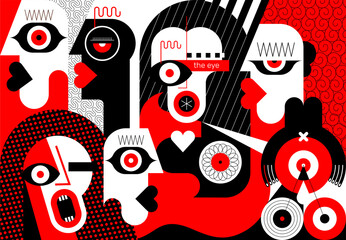 Group of emotional adult people communicating and arguing. Red, black and white colors vector illustration of large group of people. Modern digital painting. A3 canvas aspect ratio.