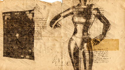 3d illustration - pencil's sketch of the cyborg in Leonardo Da Vinci style.