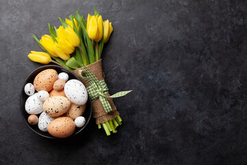Easter greeting card with tulips and eggs