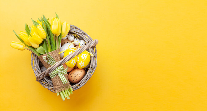Easter greeting card with tulips and eggs