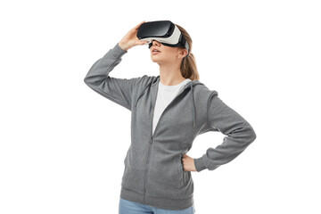 Woman in VR glasses exploring cyberspace