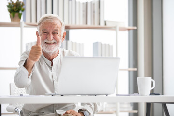 senior businessman working with laptop computer and thumbs up pose