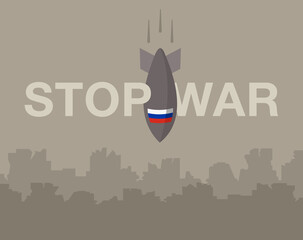 Stop war poster design. Destroyed cityscape on a dark background. Huge russian missile or bomb strike buildings. Flat vector illustration template.