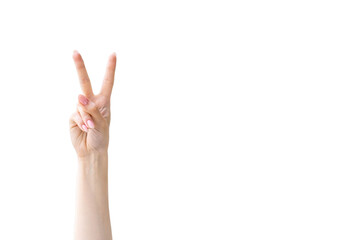 Fototapeta premium Peace gesture. Fan support. Positive expression. OK satisfaction. Female hand showing V sign with two fingers up isolated on white copy space advertising background.
