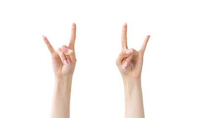 Rock gesture. Victory joy. Punk greeting. Heavy metal festival. Female hands showing horns sign isolated on white free space background.
