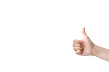 Like gesture. Positive feedback. Quality approval. Yes support. Woman hand showing thumb up isolated on white empty space advertising background.