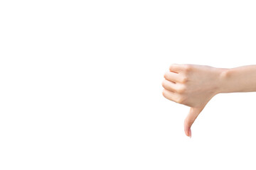 Dislike gesture. Negative feedback. Refusal sign. Bad choice. Female hand showing disapproval thumb down isolated on white empty space background.