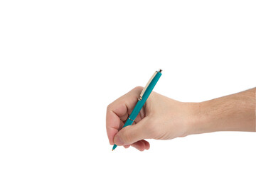 Hand with green ballpoint pen while writing white background.