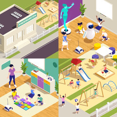 Kindergarten Colored Isometric Icon Set