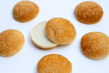 Hamburger buns with sesame on white background.