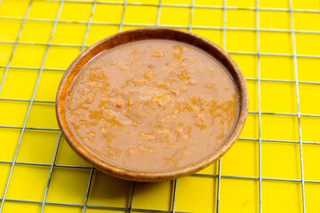 Salted soy beans paste in wooden bowl