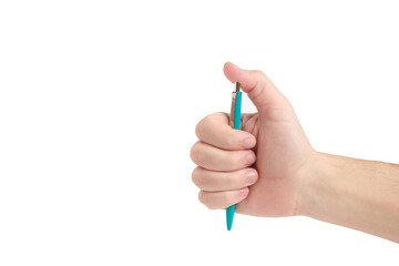 Pressing mechanical button ballpoint pen with your thumb, on white background.