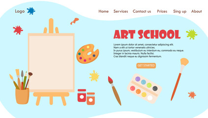 Art studio concept illustration web banner or landing page.Tools and materials for painting and drawing, Isolated flat vector illustration