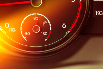 car. the dashboard. engine coolant temperature indicator. close-up. - obrazy, fototapety, plakaty