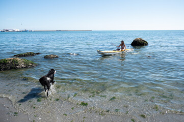 Women paddles her kayak to the beach while her dog waits for her