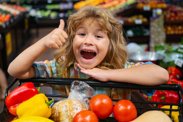 Sale, consumerism and child. Excited kid with food in shopping cart at grocery store. Funny child boy with thumb up is shopping in a supermarket.