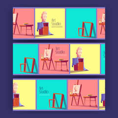 Art studio cartoon banners with artist stuff canvas on easel, plaster head, paintbrushes, frames, colored pencils on wooden desk. Creative design for painter classes or workshop ad Vector illustration