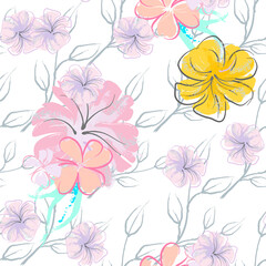 Pink Flowers Blooming Pattern. Pastel Watercolor.