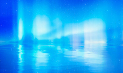 Sunset over calm sea horizon with aurora shimmering on the starry night