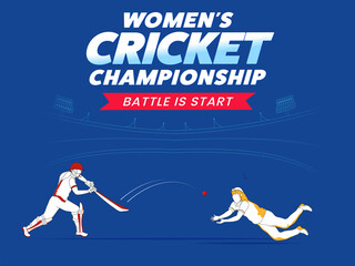 Battle Is Start, Women's Cricket Championship Concept With Doodle Batter Player Hitting The Ball And Fielder Or Bowler In Catch Pose On Blue Background.