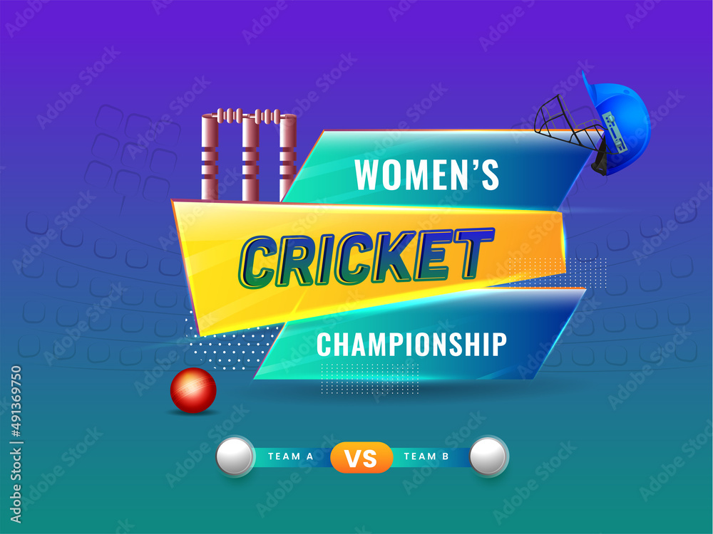 Wall mural women's cricket championship font with realistic attire helmet, red ball, wicket stump and participa