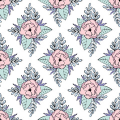 Seamless vector pattern with a repeating magnolia flower and various leaves on a white background.