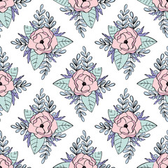 Seamless vector pattern with a repeating magnolia flower and various leaves on a white background.
