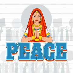 Indian Woman Saying Keep Peace In Namaste Pose And International Protest Hands On White Stripe Background For Stop The War.