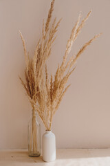Aesthetic bohemian home interior design decoration. Tan pampas grass in vase against neutral beige...