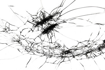 Fototapeta na wymiar Broken glass on white background , texture backdrop object design. Black and white abstract pattern of broken glass