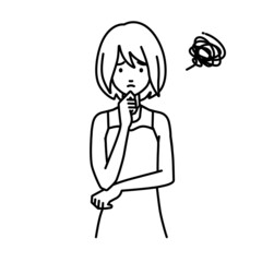 立って手をあごにあてて困っているドレスの女性