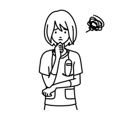 立って手をあごにあてて困っている看護師の女性