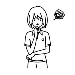 立って手をあごにあてて困っているポロシャツの女性