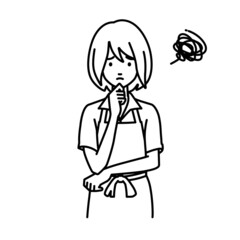 立って手をあごにあてて困っている店員の女性